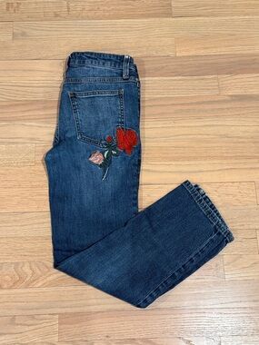 Women’s Free People Dark Blue Straight Leg Jeans with Floral Embroidery, Size